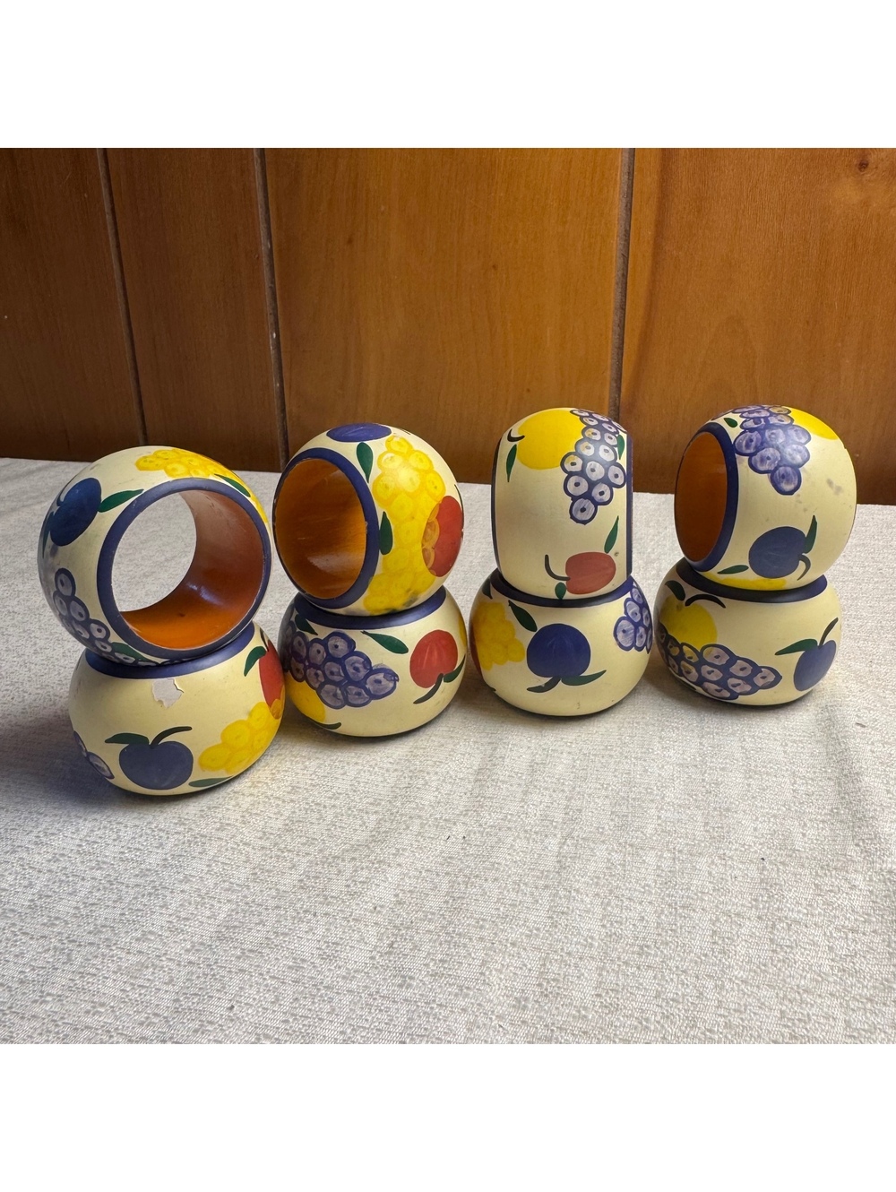 Dansk Fruit Pattern Wooden Napkin Rings Set of 8 Vintage Colorful Table Decor